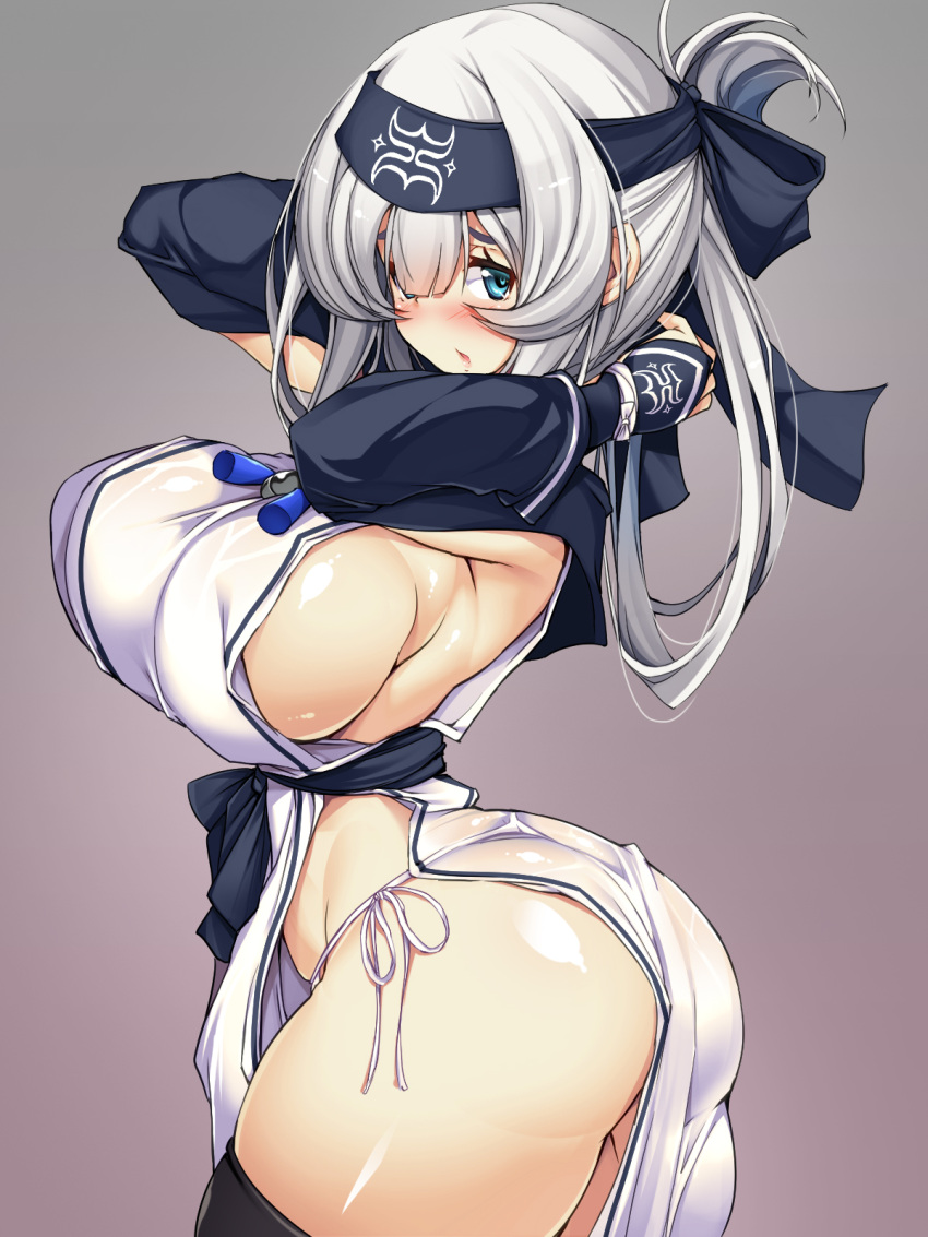 1girl ainu ainu_clothes arms_behind_head ass bandanna blue_eyes blush breasts commentary_request cropped_jacket curvy dress folded_ponytail hair_between_eyes headband highres kamoi_(kantai_collection) kantai_collection large_breasts long_sleeves looking_at_viewer open_mouth panties pelvic_curtain sash shiny shiny_skin side-tie_panties sideboob sidelocks silver_hair sleeveless sleeveless_dress thick_eyebrows thigh-highs thighs torisan underwear white_dress white_hair wrist_guards