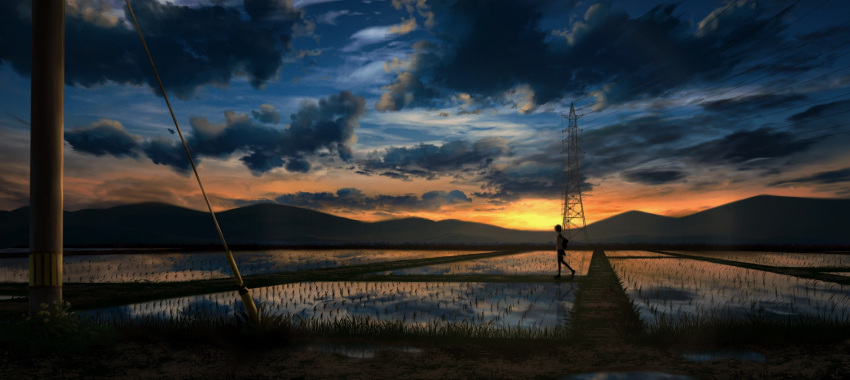 1girl adsuger backpack bag blue_sky clouds cloudy_sky commentary_request farm from_side gradient_sky grass highres miniskirt mountain mountainous_horizon original outdoors path power_lines rice_paddy road scenery school_uniform serafuku short_hair skirt sky solo sunset thigh-highs walking water wide_shot