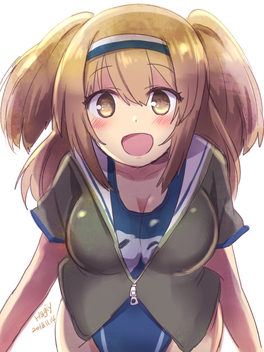 1girl :d blush breasts cleavage clothes_writing collarbone dated eyebrows_visible_through_hair hagiy_99 hairband highres i-26_(kantai_collection) kantai_collection large_breasts light_brown_eyes light_brown_hair long_hair name_tag new_school_swimsuit one-piece_swimsuit open_mouth sailor_collar school_swimsuit smile sparkling_eyes swimsuit twitter_username white_background zipper