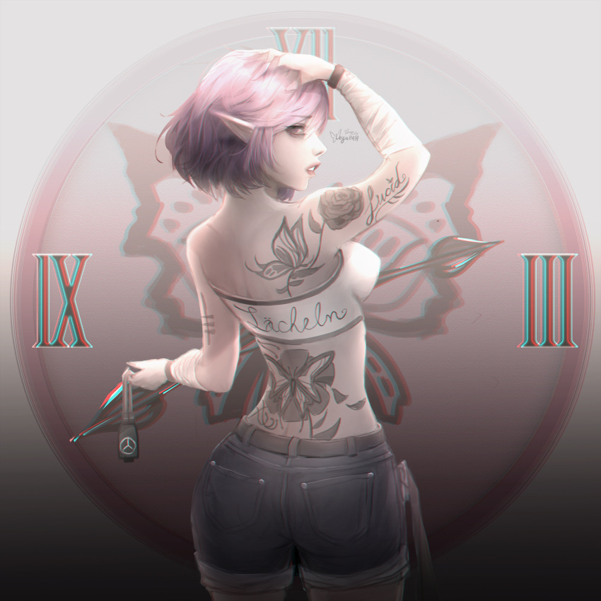 1girl bug butterfly clock commentary denim denim_shorts elf highres insect leyu lucid maplestory pink_hair pointy_ears shorts tattoo