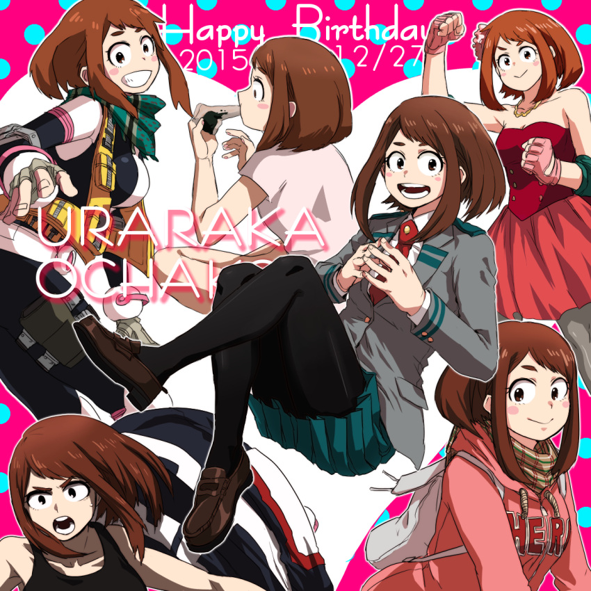 1girl :d :o backpack bag belt black_legwear bodysuit boku_no_hero_academia brown_eyes brown_hair character_name clenched_hand dated dress eating elbow_pads fingerless_gloves fingers_together gloves green_skirt grey_jacket grin happy_birthday highres hood hood_down hoodie jacket jacket_removed jewelry looking_at_viewer multiple_views necklace necktie open_mouth pantyhose pink_gloves raised_fist red_neckwear short_eyebrows short_hair sidelocks skirt smile strapless strapless_dress tank_top u.a._gym_uniform u.a._school_uniform uraraka_ochako utility_belt yagiushi_(sinnpatilove)