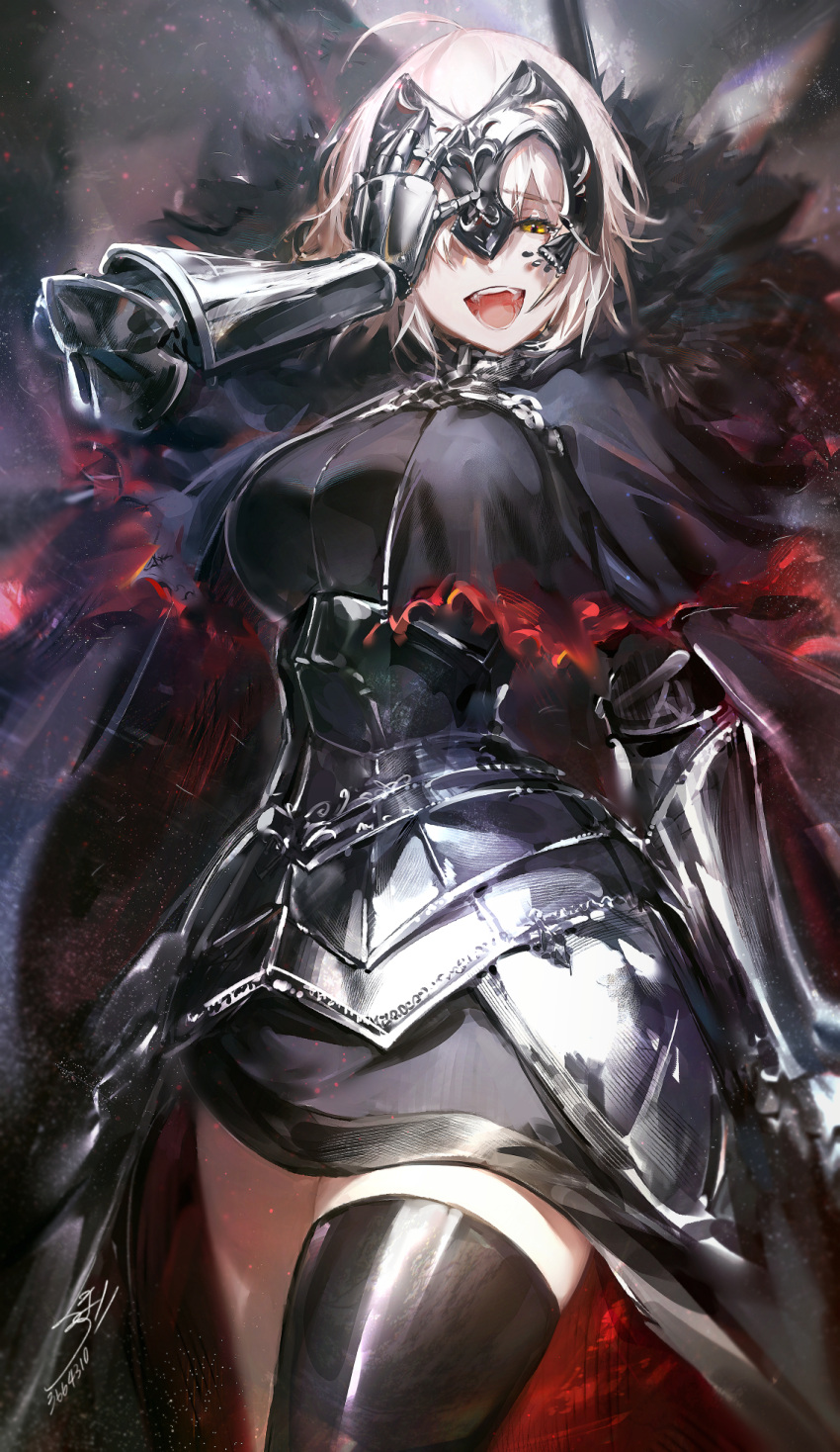 1girl ahoge armor armored_dress bangs breasts cape chains cleavage commentary_request covering_one_eye cowboy_shot dress eyebrows_visible_through_hair fate/grand_order fate_(series) fur-trimmed_cape fur_collar fur_trim gauntlets half-closed_eyes headpiece highres hoojiro jeanne_d'arc_(alter)_(fate) jeanne_d'arc_(fate)_(all) large_breasts looking_at_viewer open_mouth short_hair silver_hair smile solo thigh-highs thighs tsurime yellow_eyes