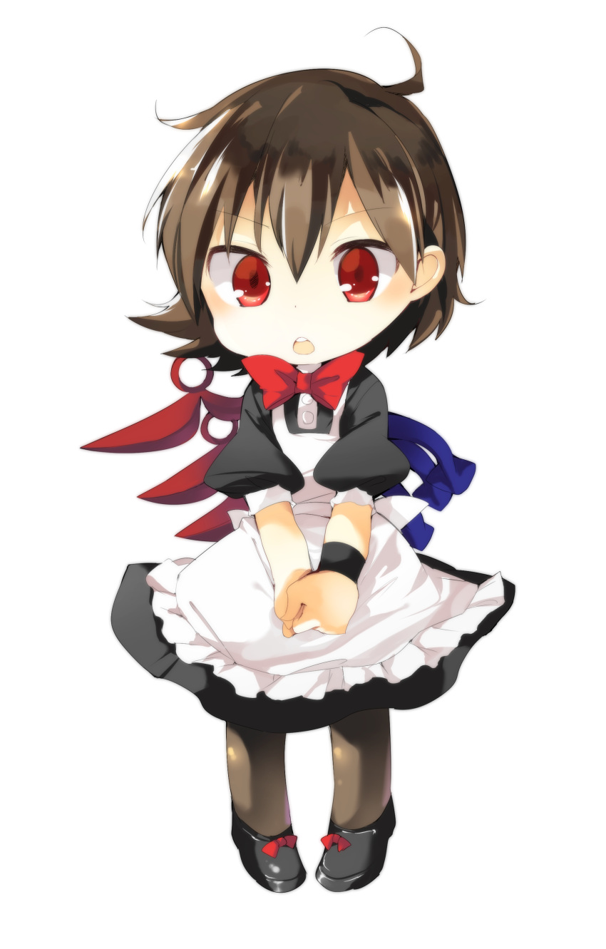 1girl absurdres apron asymmetrical_wings black_dress black_footwear bow bowtie brown_hair brown_legwear chibi commentary_request dress full_body hair_between_eyes hasebe_yuusaku highres houjuu_nue looking_at_viewer maid_apron open_mouth own_hands_together pantyhose pigeon-toed puffy_short_sleeves puffy_sleeves red_bow red_eyes red_neckwear shoe_bow shoes short_hair short_sleeves solo touhou transparent_background wings wristband