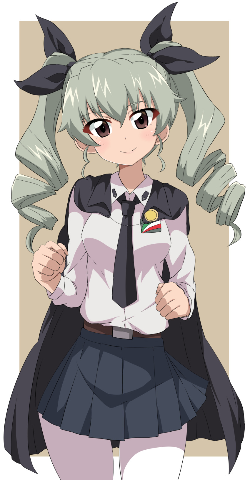 1girl anchovy anzio_school_uniform bangs belt black_belt black_cape black_neckwear black_ribbon black_skirt brown_background cape clenched_hands closed_mouth commentary_request cowboy_shot dress_shirt drill_hair emblem eyebrows_visible_through_hair girls_und_panzer green_hair hair_ribbon head_tilt highres long_hair long_sleeves looking_at_viewer miniskirt necktie outside_border pantyhose pleated_skirt red_eyes ribbon school_uniform shirt skirt smile solo standing tarokichi twin_drills twintails white_legwear white_shirt