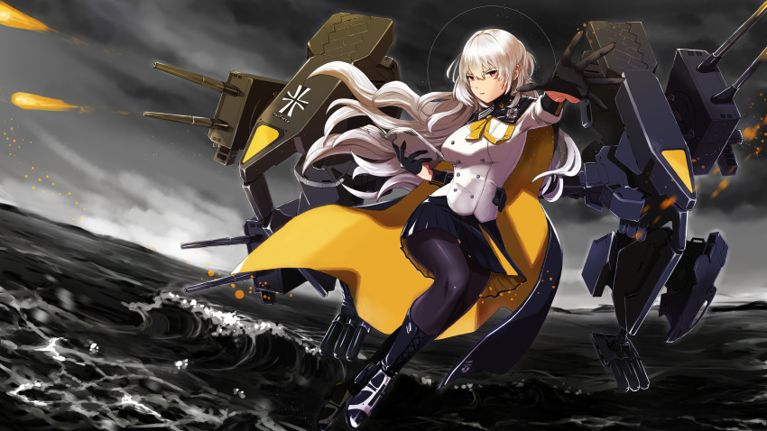 1girl absurdres black_gloves black_legwear black_skirt book breasts character_request firing full_body gloves grey_sky gun highres holding holding_book long_hair medium_breasts ocean open_book outdoors pantyhose red_eyes sahara1127 skirt solo turret very_long_hair waves weapon white_hair yellow_cape zhan_jian_shao_nyu