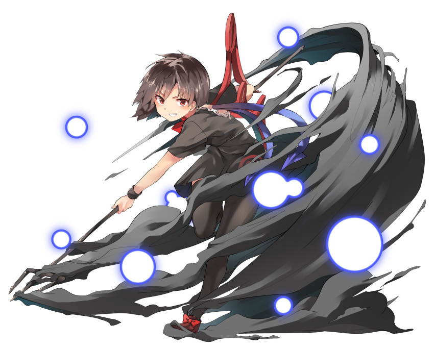 1girl asymmetrical_wings back_cutout black_dress black_hair black_legwear bow brown_footwear commentary_request danmaku dress full_body grin hasebe_yuusaku highres holding holding_weapon houjuu_nue leg_lift looking_at_viewer polearm red_bow red_eyes shoe_bow shoes short_dress short_hair short_sleeves simple_background smile solo standing standing_on_one_leg teeth thigh-highs touhou trident weapon white_background wings wristband