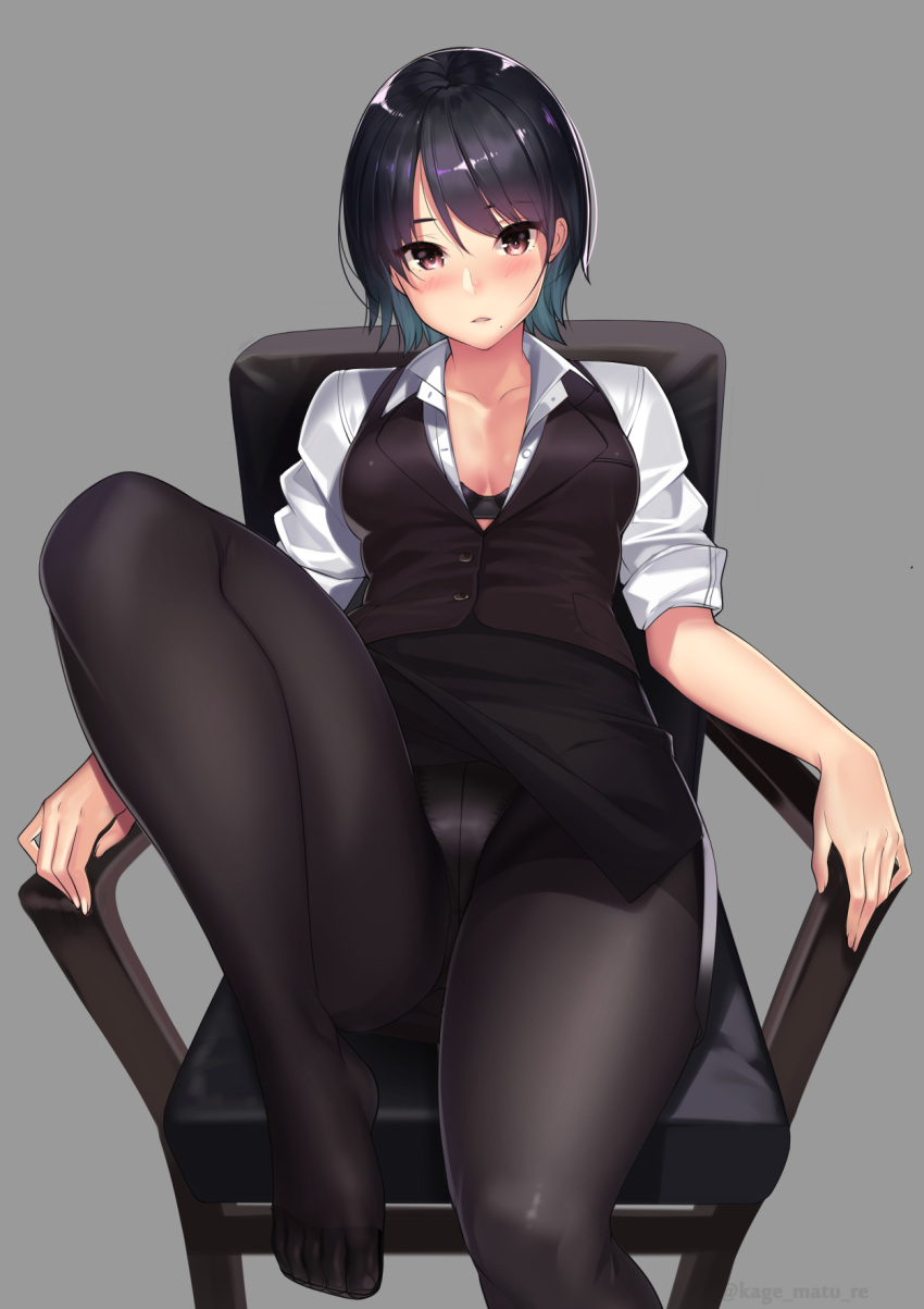 1girl black_bra black_hair black_skirt blush bra breasts brown_hair chair collared_shirt crotch_seam eyebrows_visible_through_hair grey_background highres kagematsuri looking_at_viewer medium_breasts miniskirt mole mole_under_mouth no_shoes office_lady original panties panties_under_pantyhose pantyhose parted_lips partially_unbuttoned pencil_skirt shiny shiny_hair shirt short_hair simple_background sitting skirt solo twitter_username underwear vest white_shirt