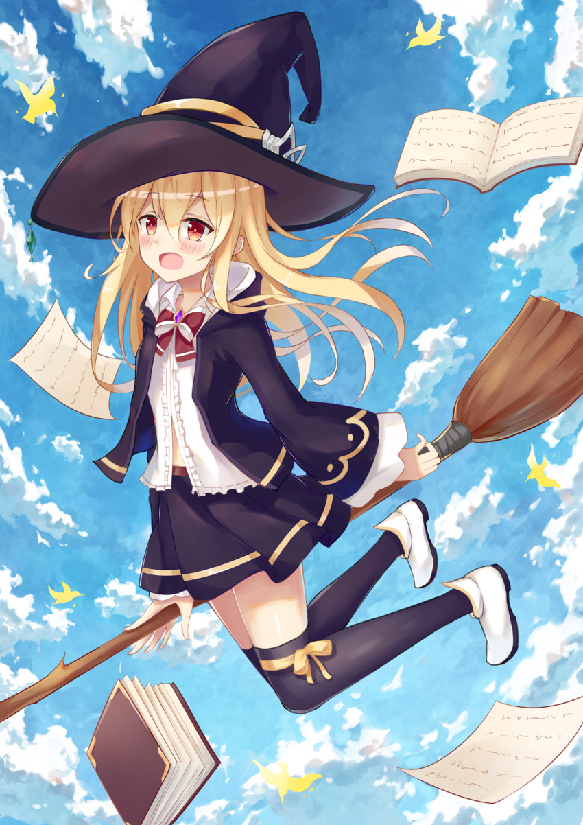 1girl :o bangs belly_peek black_coat black_hat black_legwear black_skirt blonde_hair blue_sky blush book bow bowtie broom clouds cloudy_sky coat collared_shirt day eyebrows_visible_through_hair full_body hair_between_eyes hat highres holding holding_broom hood hood_down legs_up long_hair long_sleeves looking_at_viewer midair miniskirt open_book open_clothes open_coat open_mouth original outdoors paper red_eyes red_neckwear ribbon shirt shoes sidelocks skirt sky solo thigh-highs white_footwear white_shirt wide_sleeves witch_hat yang423 yellow_ribbon zettai_ryouiki