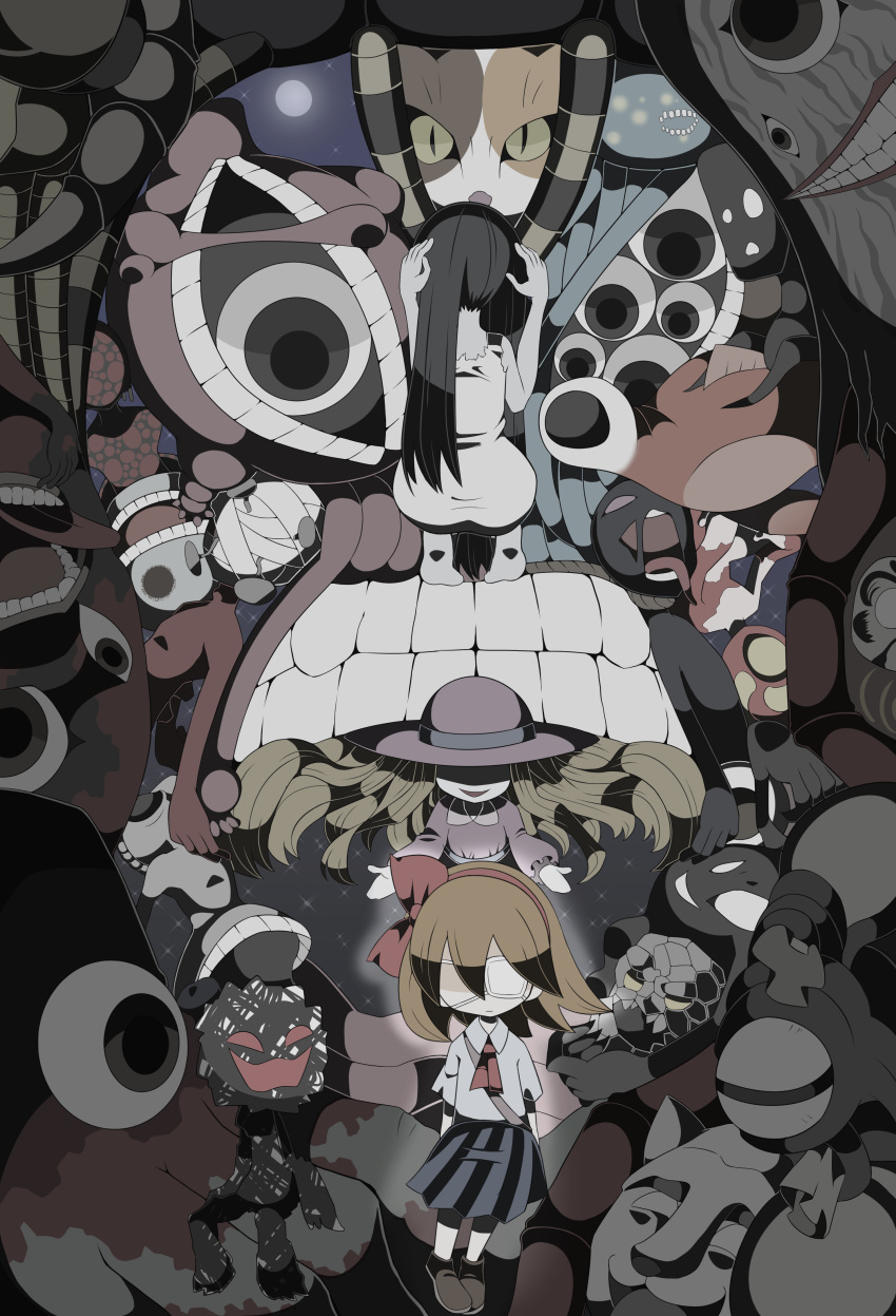 3girls absurdres bag bandage bandaged_head bandages blood blood_stain bloody_hands bug centipede chibi colorful eyepatch eyes faceless faceless_female flower ghost glowing glowing_eyes hair_between_eyes hair_ribbon highres koikawa_hayato loafers long_hair monster moon multiple_girls mummy nail night night_sky open_mouth outdoors pleated_skirt protagonist_(yomawari) red_flower red_ribbon ribbon rock sack school_uniform shirt shoes short_hair short_sleeves shoulder_bag skirt sky spoilers star_(sky) starry_sky stone tentacle white_shirt yomawari