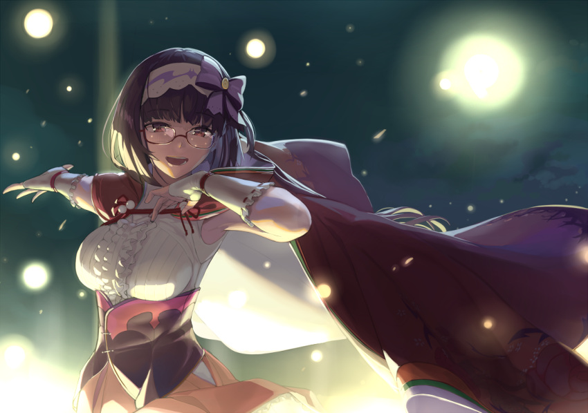 1girl black_hair bow breasts center_frills cloak eyebrows_visible_through_hair fate/grand_order fate_(series) frilled_shirt frills glasses hair_bobbles hair_bow hair_ornament hairband hood hood_down hooded_cloak large_breasts lempika long_hair long_sleeves osakabe-hime_(fate/grand_order) purple_bow shirt smile solo very_long_hair violet_eyes white_shirt