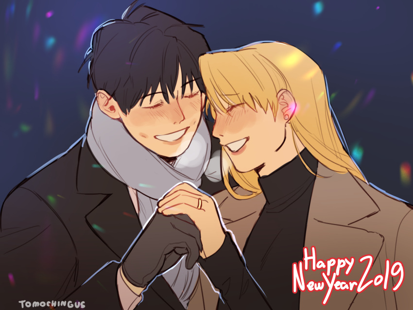 1boy 1girl 2019 =3 artist_name black_gloves black_hair blonde_hair blush closed_eyes couple dated earrings eyebrows_visible_through_hair fullmetal_alchemist gloves grey_neckwear grey_scarf hands_together happy happy_new_year hetero highres jewelry new_year profile raicchi_(raicchi96) ring riza_hawkeye roy_mustang scarf short_hair smile teeth