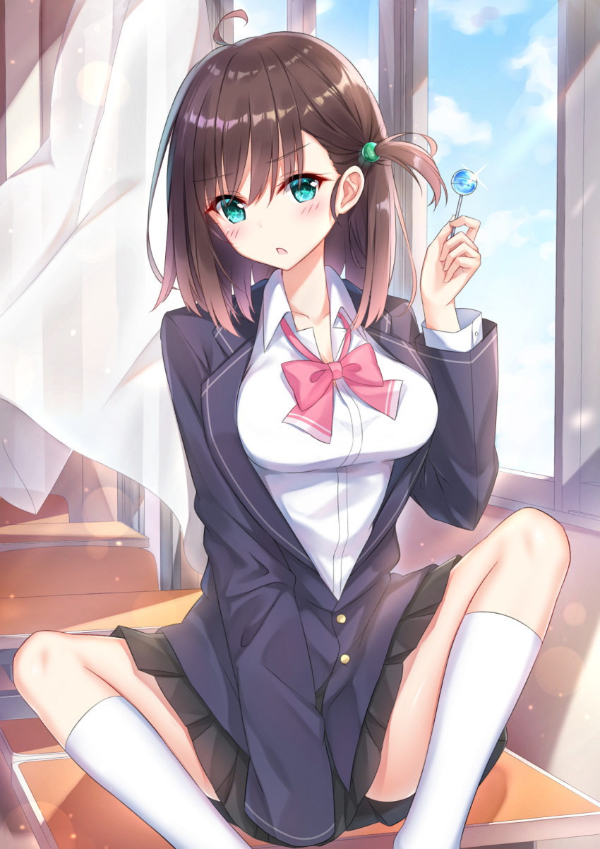 1girl ahoge bangs black_jacket black_skirt blazer blue_sky blush bow bowtie breasts brown_hair clouds collared_shirt commentary_request curtains day desk eyebrows_visible_through_hair feet_out_of_frame food green_eyes hair_between_eyes hair_ornament hand_up highres holding holding_food holding_lollipop indoors jacket kneehighs long_sleeves medium_breasts on_desk one_side_up original parted_lips pink_neckwear pleated_skirt school_desk school_uniform shirt sitting skirt sky solo spread_legs sunlight takeg05 transparent white_legwear white_shirt window