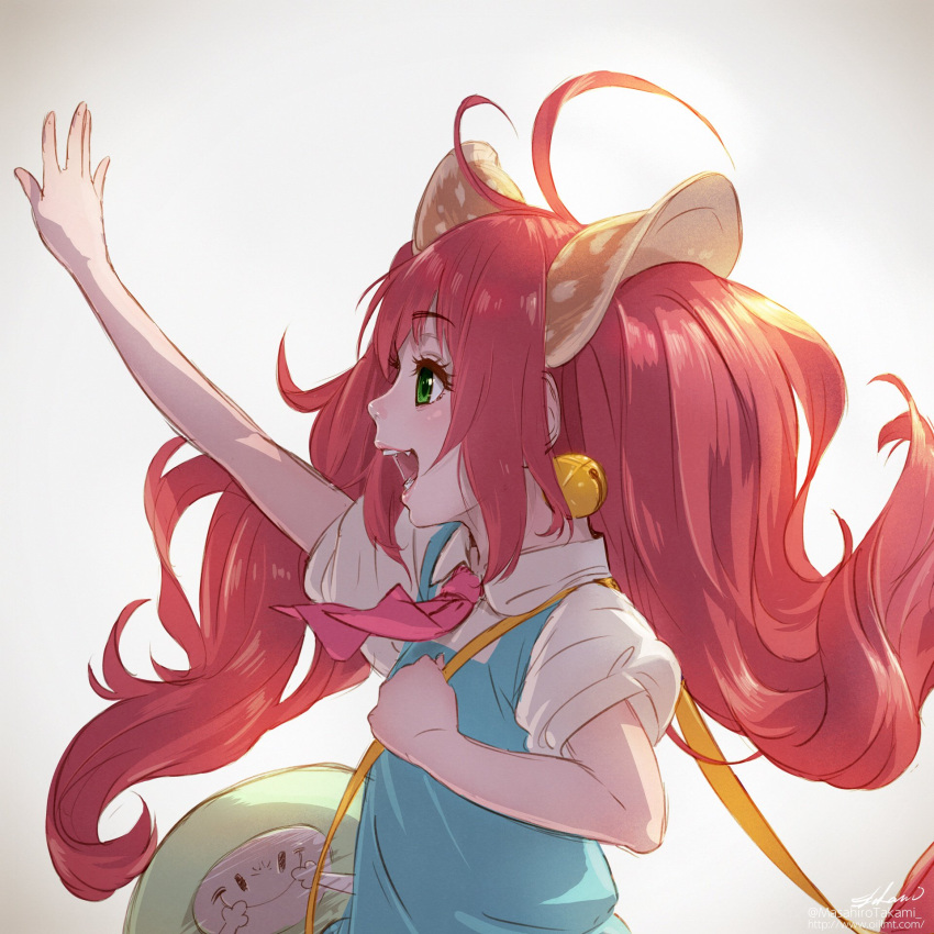 1girl ahoge animal_ears artist_name bell blush character_request copyright_request eyebrows_visible_through_hair green_eyes highres long_hair open_mouth pink_hair smile solo takami_masahiro teeth twintails twitter_username upper_body