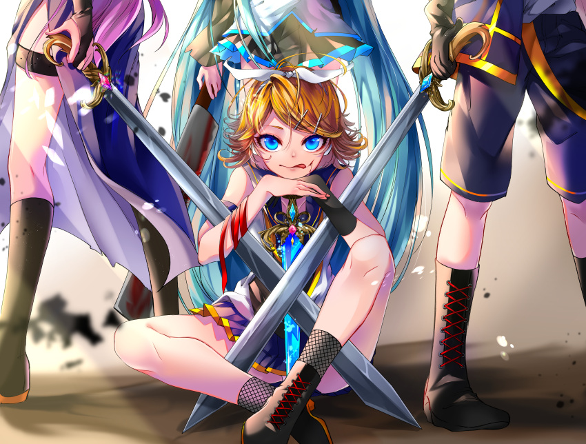 1boy 3girls absurdres aqua_hair bangs blonde_hair blood blue_eyes boots bridal_gauntlets cleaver commentary_request cross-laced_footwear crossed_swords cuts hair_ornament hairclip hatsune_miku head_out_of_frame highres injury kagamine_len kagamine_rin knee_boots lace-up_boots licking_lips long_hair looking_at_viewer megurine_luka multiple_girls pink_hair reverse_grip shirayuki_towa short_hair short_sword solo_focus song_request swept_bangs sword tongue tongue_out very_long_hair vocaloid weapon