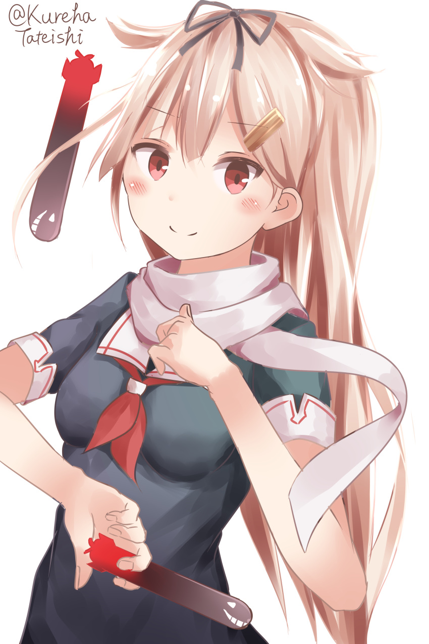 1girl absurdres bangs black_ribbon black_shirt blush breasts closed_mouth eyebrows_visible_through_hair fingernails grey_scarf hair_between_eyes hair_flaps hair_ornament hair_ribbon hairclip hamayuu_(litore) hand_up head_tilt highres kantai_collection light_brown_hair long_hair medium_breasts neckerchief red_eyes red_neckwear remodel_(kantai_collection) ribbon scarf shirt short_sleeves simple_background smile solo torpedo twitter_username very_long_hair white_background yuudachi_(kantai_collection)