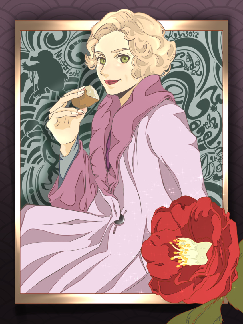 1girl blonde_hair camellia coat eating fantastic_beasts_and_where_to_find_them flower green_eyes highres leaf mmasaki niffler queenie_goldstein short_hair solo sparkle