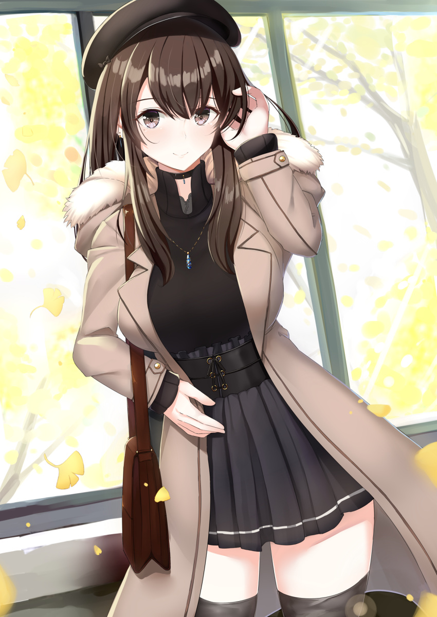 1girl arm_up bag beret black_choker black_hat black_legwear black_shirt black_skirt blush bow breasts brown_bow brown_coat brown_eyes brown_hair choker closed_mouth coat commentary_request fur-trimmed_hood fur_trim ginkgo ginkgo_leaf hand_in_hair hat hat_bow highres hood hood_down hooded_coat i.f.s.f indoors jewelry leaf long_hair long_sleeves medium_breasts open_clothes open_coat original pendant pleated_skirt shirt shoulder_bag skirt sleeves_past_wrists smile solo standing thigh-highs tree window