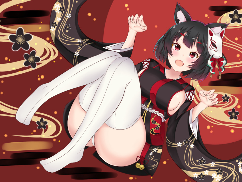 animal_ears arlonn azur_lane bangs bell black_hair black_kimono blunt_bangs breasts cat_ears cat_mask fang fox_mask japanese_clothes jingle_bell kimono mask mask_on_head panties short_kimono sideboob underwear white_legwear wide_sleeves yamashiro_(azur_lane)