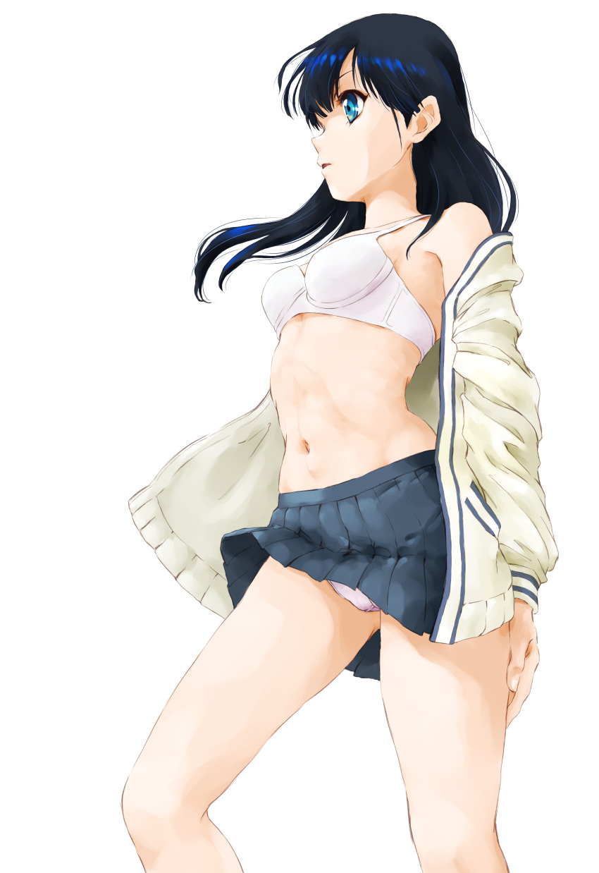 1girl absurdres bangs black_hair black_skirt blue_eyes bra breasts cardigan commentary cowboy_shot crotch_seam frown gluteal_fold hand_on_own_leg highres long_hair long_sleeves marutaya navel off_shoulder open_cardigan open_clothes panties pantyshot pantyshot_(standing) parted_lips pleated_skirt simple_background skirt small_breasts solo ssss.gridman standing sweater takarada_rikka underwear undressing white_background white_bra white_panties white_sweater wind wind_lift