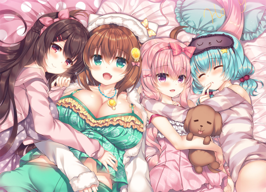 4girls :d animal_ears animal_hat aoki_kaede bangs bare_shoulders bed_sheet blue_hair blush braid breasts brown_hair cat_ears cat_hat cleavage collarbone commentary_request dress eyebrows_visible_through_hair frills fur_trim green_eyes green_shorts hair_between_eyes hair_bobbles hair_ornament hair_ribbon hairclip hat hug jacket large_breasts lilia_chocolanne long_sleeves looking_at_viewer low_twintails lying mask mask_on_head multiple_girls object_hug on_back on_side open_clothes open_jacket open_mouth original pillow pink_dress pink_hair pink_jacket pink_ribbon polka_dot polka_dot_dress purple_dress red_eyes ribbon short_shorts short_twintails shorts sleep_mask sleeves_past_wrists smile star striped_jacket stuffed_animal stuffed_dog stuffed_toy suzune_rena twintails violet_eyes white_hat