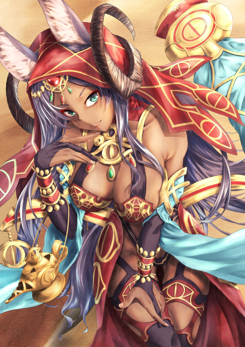 absurdres animal_ears breasts cleavage dark_skin fate/grand_order fate_(series) green_eyes highres horns large_breasts long_hair looking_at_viewer queen_of_sheba_(fate/grand_order) thighs