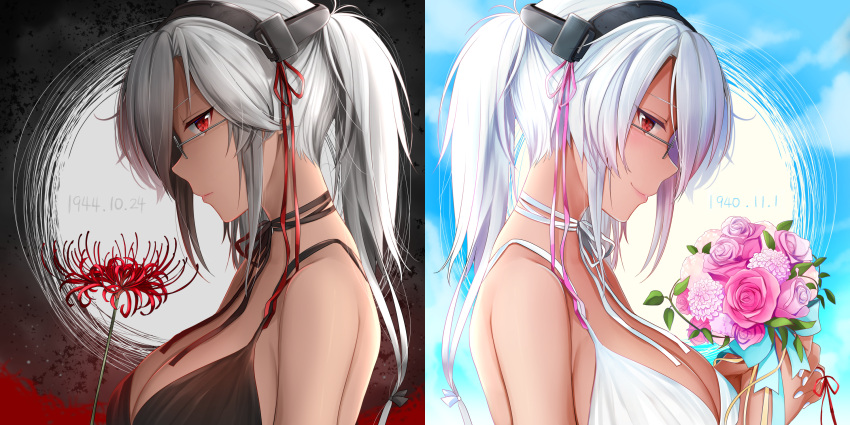 1girl alternate_costume bangs bare_shoulders black_bow black_dress black_ribbon blue_background blush bouquet bow breasts bridal_veil cleavage closed_mouth commentary dark_skin dated dress flower from_side glasses hair_between_eyes hair_bow headgear highres holding holding_flower kantai_collection large_breasts lips lipstick long_hair looking_at_viewer makeup multiple_views musashi_(kantai_collection) neck_ribbon pink_lipstick red_eyes ribbon sidelocks silver-framed_eyewear simple_background smile spider_lily tsurime two_side_up upper_body veil very_long_hair wedding_dress white_dress white_hair yunamaro