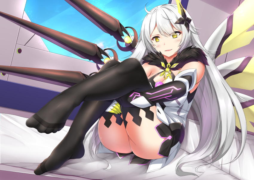 1girl ahoge armor armored_dress ass bangs bare_shoulders black_legwear blush breasts commentary dark_persona dress elbow_gloves energy_wings eyebrows_visible_through_hair floating_weapon fur-trimmed_dress gloves hair_between_eyes hair_ornament herrscher_of_the_void holding_legs honkai_impact indoors jewelry kiana_kaslana large_breasts long_hair looking_at_viewer medium_breasts open_mouth polearm sheita sidelocks silver_hair single_elbow_glove sitting solo spear thigh-highs very_long_hair weapon yellow_eyes