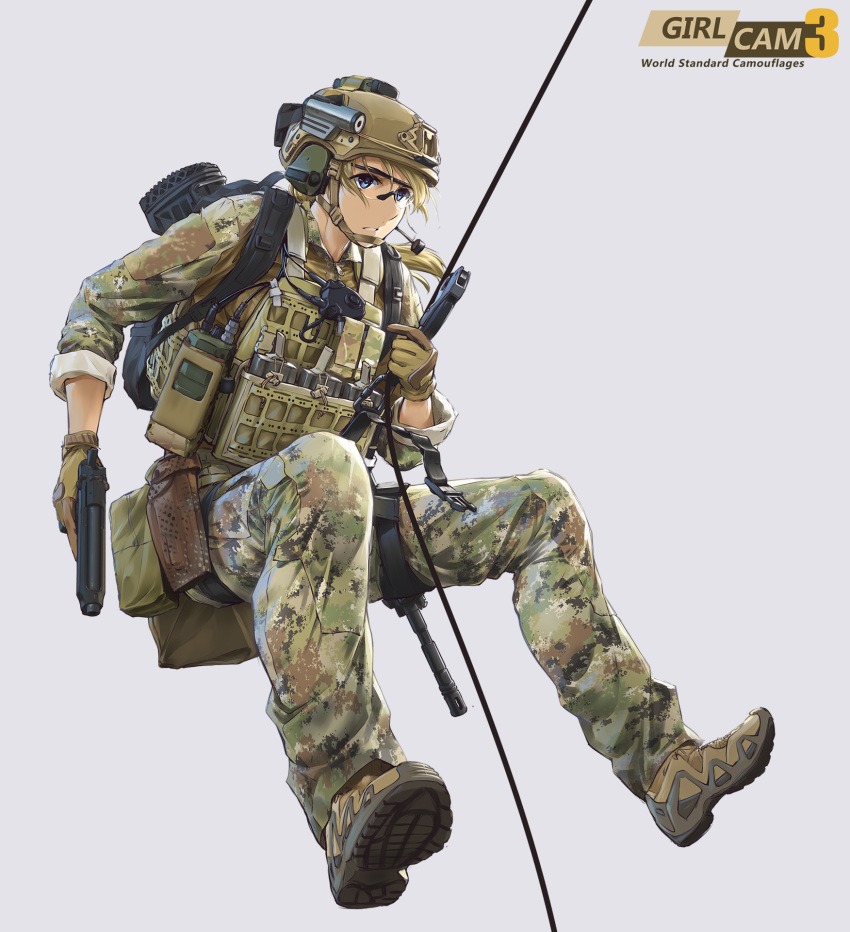 1girl assault_rifle beretta_92 blonde_hair blue_eyes camouflage chin_strap gloves graphite_(medium) gun handgun headphones heckler_&amp;_koch helmet highres hk416 load_bearing_vest long_hair looking_to_the_side military military_uniform original rappelling rifle rope solo tantu_(tc1995) traditional_media uniform weapon