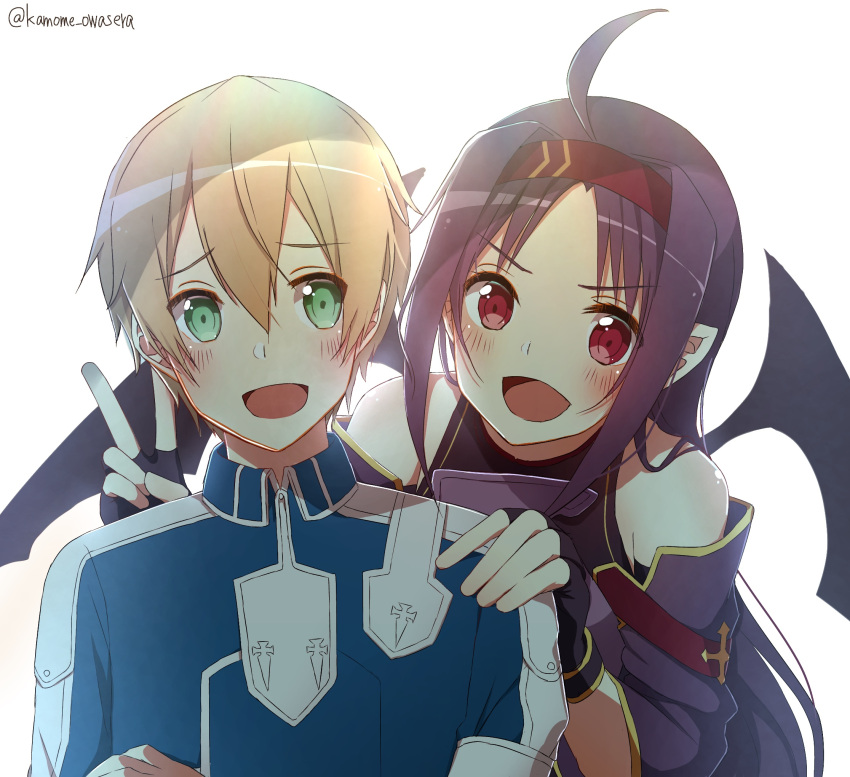 1boy 1girl :d ahoge black_wings blonde_hair blush detached_sleeves enokimo_me eugeo eyebrows_visible_through_hair green_eyes hair_between_eyes hairband hand_on_another's_shoulder highres long_hair looking_at_viewer open_mouth pointy_ears purple_hair purple_sleeves red_eyes red_hairband shiny shiny_hair smile sword_art_online twitter_username upper_body v very_long_hair wings yuuki_(sao)