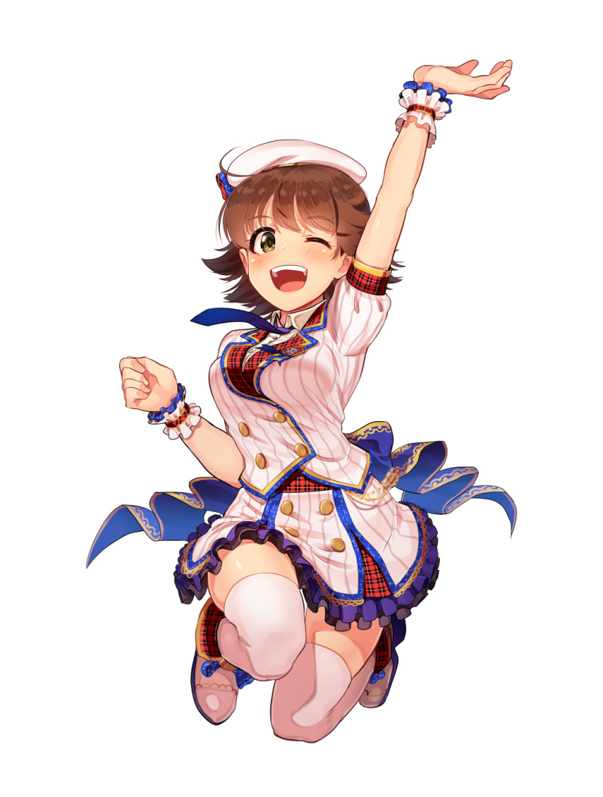 1girl ahoge arm_up blue_neckwear blush breasts brown_eyes brown_hair eyebrows_visible_through_hair frilled_skirt frills full_body hat highres honda_mio idolmaster idolmaster_cinderella_girls kamille_(vcx68) large_breasts looking_at_viewer necktie one_eye_closed open_mouth puffy_short_sleeves puffy_sleeves short_hair short_sleeves skirt smile solo teeth thigh-highs white_hat white_skirt