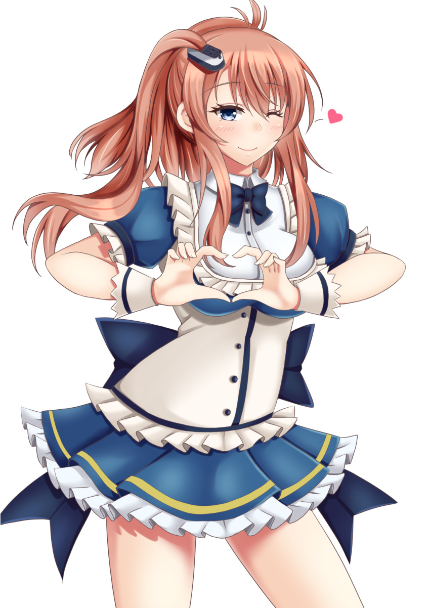 1girl alternate_costume blue_eyes blush bow breast_pocket breasts brown_hair closed_mouth dress frilled_dress frills hair_between_eyes hair_ornament headgear heart heart_hands highres kantai_collection large_breasts one_eye_closed pocket saratoga_(kantai_collection) side_ponytail sidelocks simple_background smile solo white_background yamato_(083)