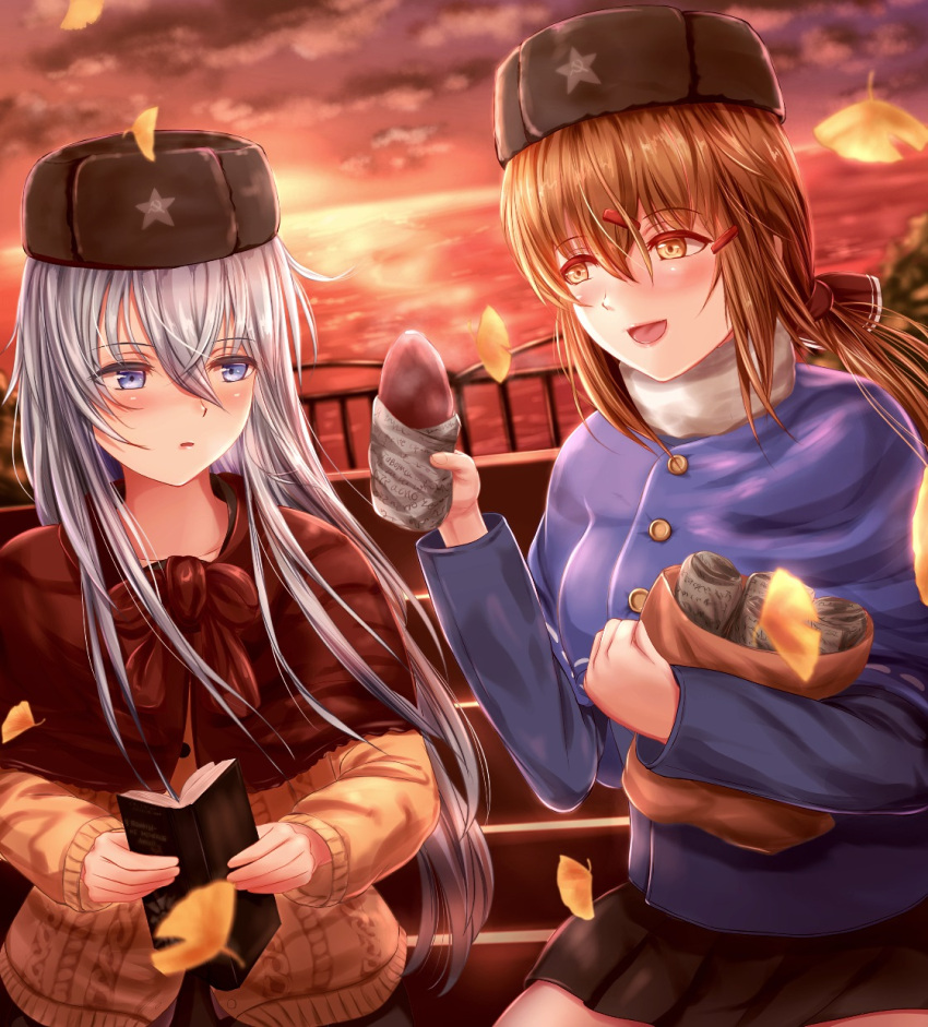 2girls alternate_costume black_bow black_hat black_skirt blue_eyes blue_jacket blush book bow branch breasts brown_hair clouds eyebrows_visible_through_hair hair_between_eyes hair_bow hair_ornament hairclip hat hibiki_(kantai_collection) highres jacket kantai_collection large_breasts light_brown_sweater long_hair low_twintails multiple_girls open_mouth orange_eyes papakha pleated_skirt potato red_shawl sabakuomoto scarf shawl silver_hair sitting skirt star sunset sweater tashkent_(kantai_collection) twintails verniy_(kantai_collection) white_scarf