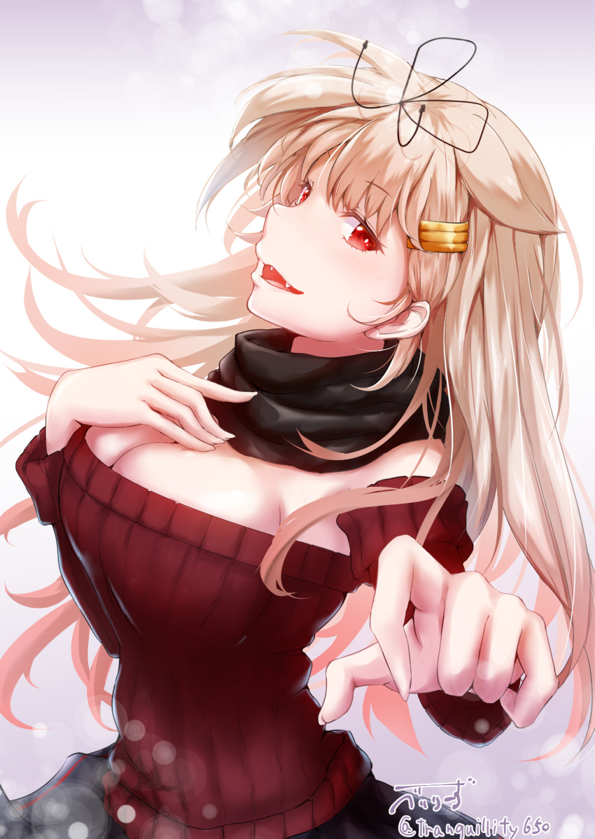 1girl baileys_(tranquillity650) bangs bare_shoulders black_ribbon black_scarf blonde_hair blush detached_sleeves eyebrows_visible_through_hair fangs floating_hair gradient_hair hair_flaps hair_ornament hair_ribbon hairclip highres kantai_collection long_hair looking_at_viewer messy_hair multicolored_hair open_mouth red_eyes red_sweater remodel_(kantai_collection) ribbed_sweater ribbon scarf sidelocks signature skirt smile solo sweater twitter_username yuudachi_(kantai_collection)