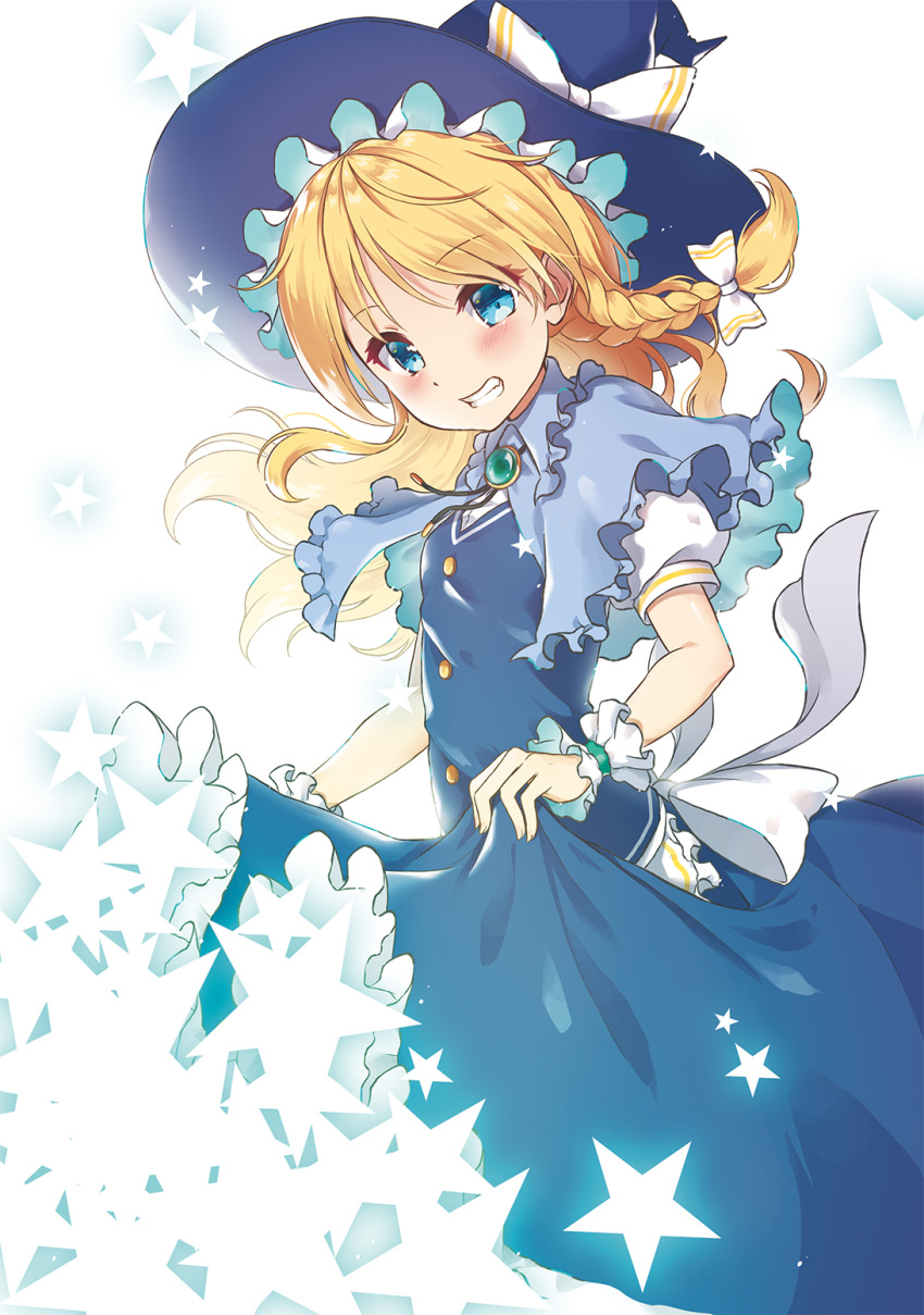 1girl apron bangs beni_kurage black_hat black_skirt black_vest blonde_hair blue_eyes blush bow braid breasts brooch capelet commentary english_commentary eyebrows_visible_through_hair frilled_apron frilled_capelet frilled_shirt_collar frills grin hair_bow hat hat_bow head_tilt highres jewelry kirisame_marisa long_hair looking_at_viewer petticoat puffy_short_sleeves puffy_sleeves short_sleeves simple_background single_braid skirt skirt_hold skirt_set small_breasts smile solo star touhou vest waist_apron white_apron white_background white_bow white_capelet wrist_cuffs