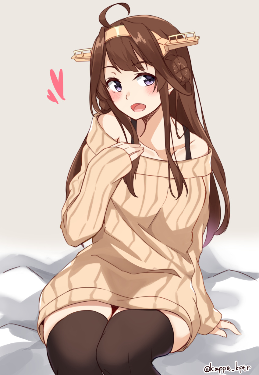 1girl :d ahoge bangs blush brown_hair brown_legwear brown_sweater commentary_request eyebrows_visible_through_hair hair_bun hand_up head_tilt headgear heart highres kantai_collection kapatarou kongou_(kantai_collection) long_hair long_sleeves looking_at_viewer open_mouth ribbed_sweater side_bun sitting sleeves_past_wrists smile solo sweater thigh-highs twitter_username very_long_hair violet_eyes