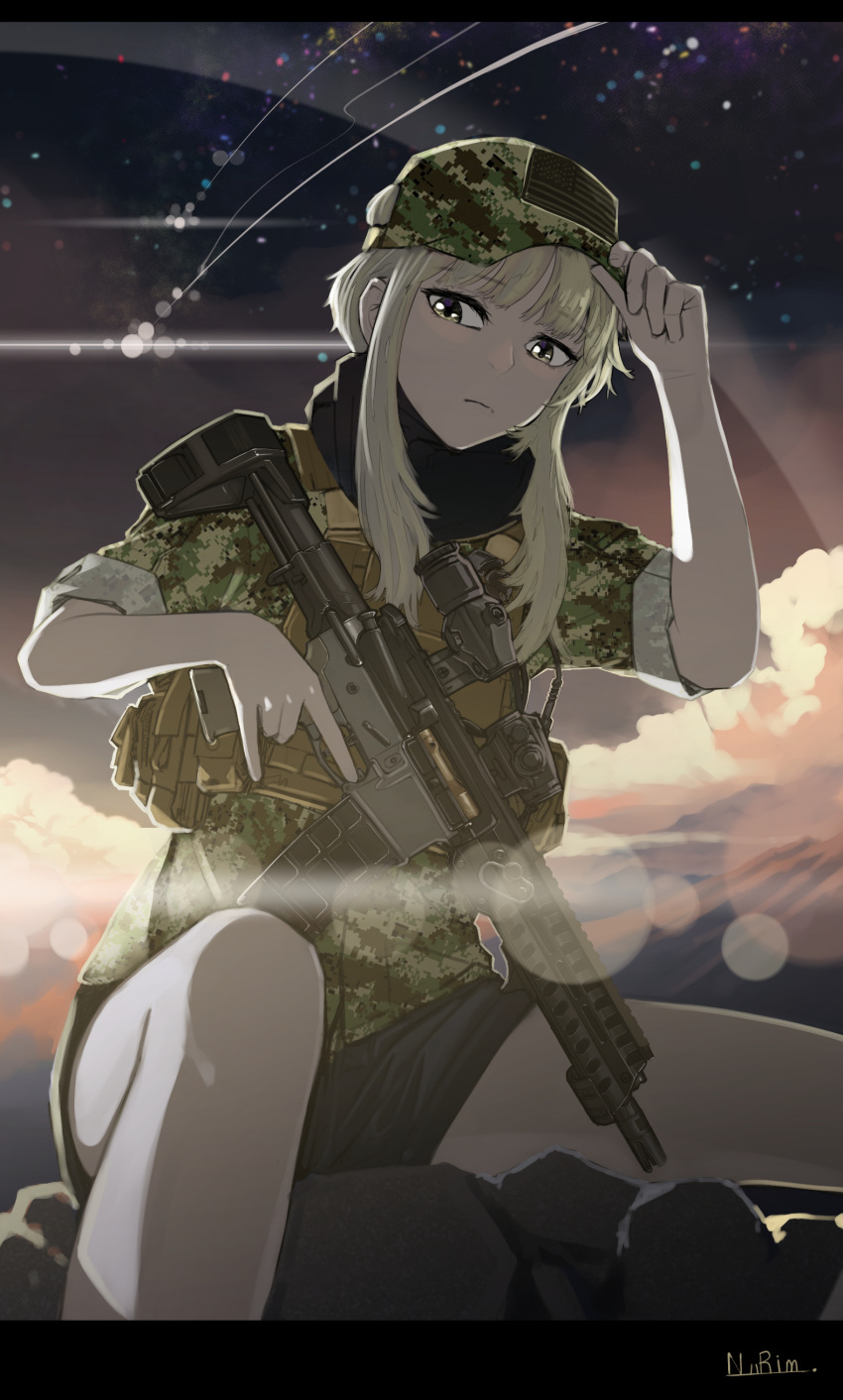 1girl absurdres adjusting_clothes adjusting_hat aimpoint american_flag ar-15 camouflage gun hat highres load_bearing_vest long_hair looking_at_viewer magazine_(weapon) military military_hat military_uniform nurim original p416 rifle short_hair_with_long_locks signature sitting trigger_discipline uniform weapon