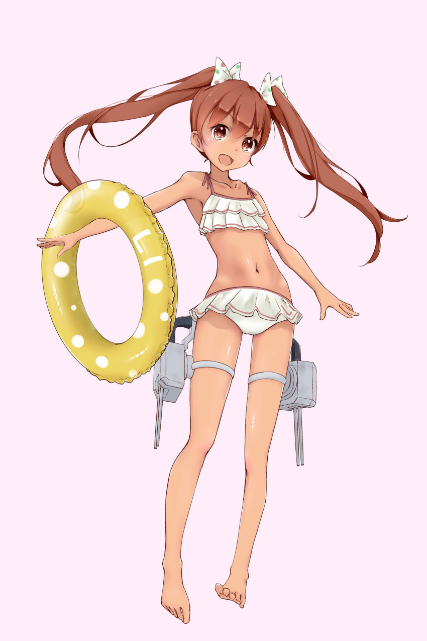 1girl :d absurdres armpits bare_shoulders barefoot bikini brown_eyes brown_hair frilled_bikini frills full_body hair_ribbon highres kantai_collection libeccio_(kantai_collection) long_hair looking_at_viewer midriff navel neve open_mouth pink_background ribbon simple_background smile solo swimsuit twintails