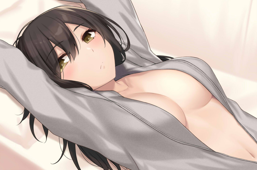 1girl arms_up bangs blush breasts brown_eyes brown_hair cccpo closed_mouth collarbone commentary_request dutch_angle eyebrows_visible_through_hair grey_jacket hair_between_eyes hood hood_down hooded_jacket jacket long_hair lying medium_breasts naked_coat navel on_back open_clothes open_jacket original pillow solo upper_body