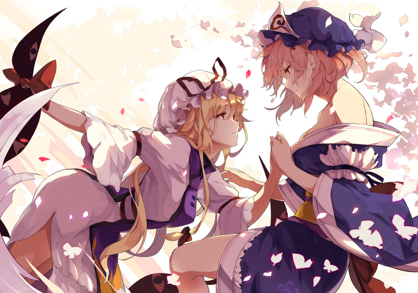 2girls absurdres bare_shoulders blonde_hair blue_hat blue_kimono bow dress eye_contact floral_print from_side gap hair_bow hand_holding hat hat_ribbon highres japanese_clothes kimono long_hair looking_at_another mob_cap multiple_girls obi pink_hair red_bow red_eyes ribbon saigyouji_yuyuko sam_ashton sash sitting tabard touhou triangular_headpiece watermark weibo_logo white_dress white_hat wide_sleeves wind yakumo_yukari yuri