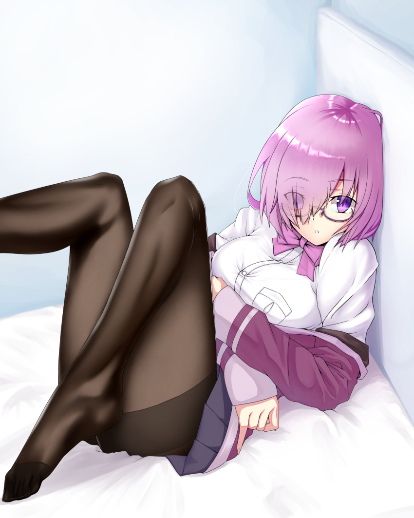 1girl black_legwear breast_pocket breasts carmine_(ucdio) collared_shirt cosplay eyebrows_visible_through_hair eyes_visible_through_hair fate/grand_order fate_(series) glasses hair_over_one_eye highres jacket large_breasts looking_at_viewer mash_kyrielight on_bed pantyhose pleated_skirt pocket purple_hair purple_jacket purple_skirt shinjou_akane shinjou_akane_(cosplay) shirt short_hair skirt solo ssss.gridman violet_eyes white_shirt
