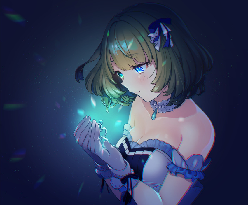 1girl bare_shoulders bbbannooo blue_eyes blush breasts cleavage closed_mouth eyebrows_visible_through_hair gloves green_eyes green_hair heterochromia idolmaster idolmaster_cinderella_girls large_breasts looking_away mole mole_under_eye short_hair smile solo starry_sky_bright takagaki_kaede upper_body white_gloves
