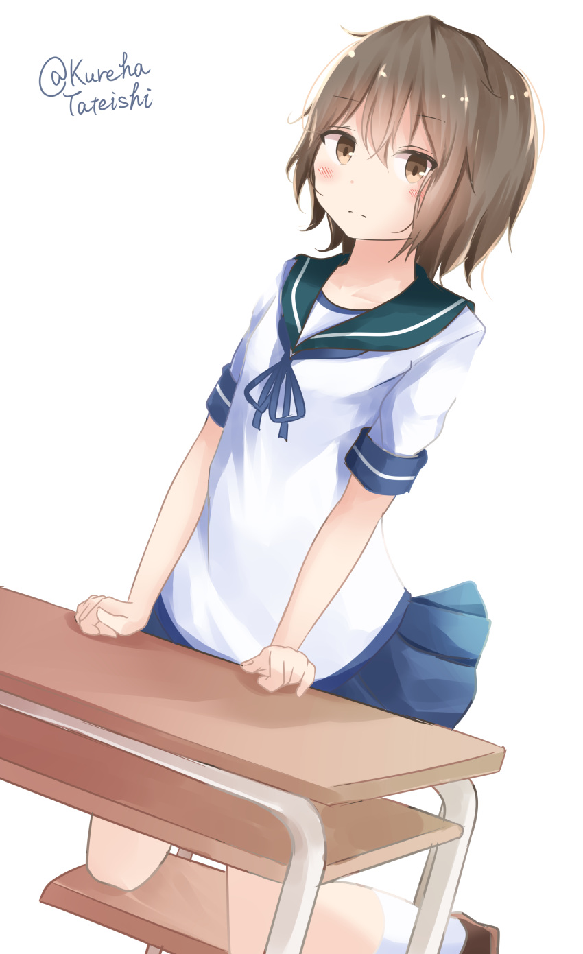 1girl absurdres bangs blue_ribbon blue_skirt brown_eyes brown_footwear brown_hair chair desk dutch_angle eyebrows_visible_through_hair fingernails green_sailor_collar hair_between_eyes hamayuu_(litore) highres kantai_collection kneeling looking_at_viewer miyuki_(kantai_collection) neck_ribbon on_chair pleated_skirt ribbon sailor_collar school_chair school_desk school_uniform serafuku shirt short_sleeves simple_background skirt socks solo twitter_username white_background white_legwear white_shirt