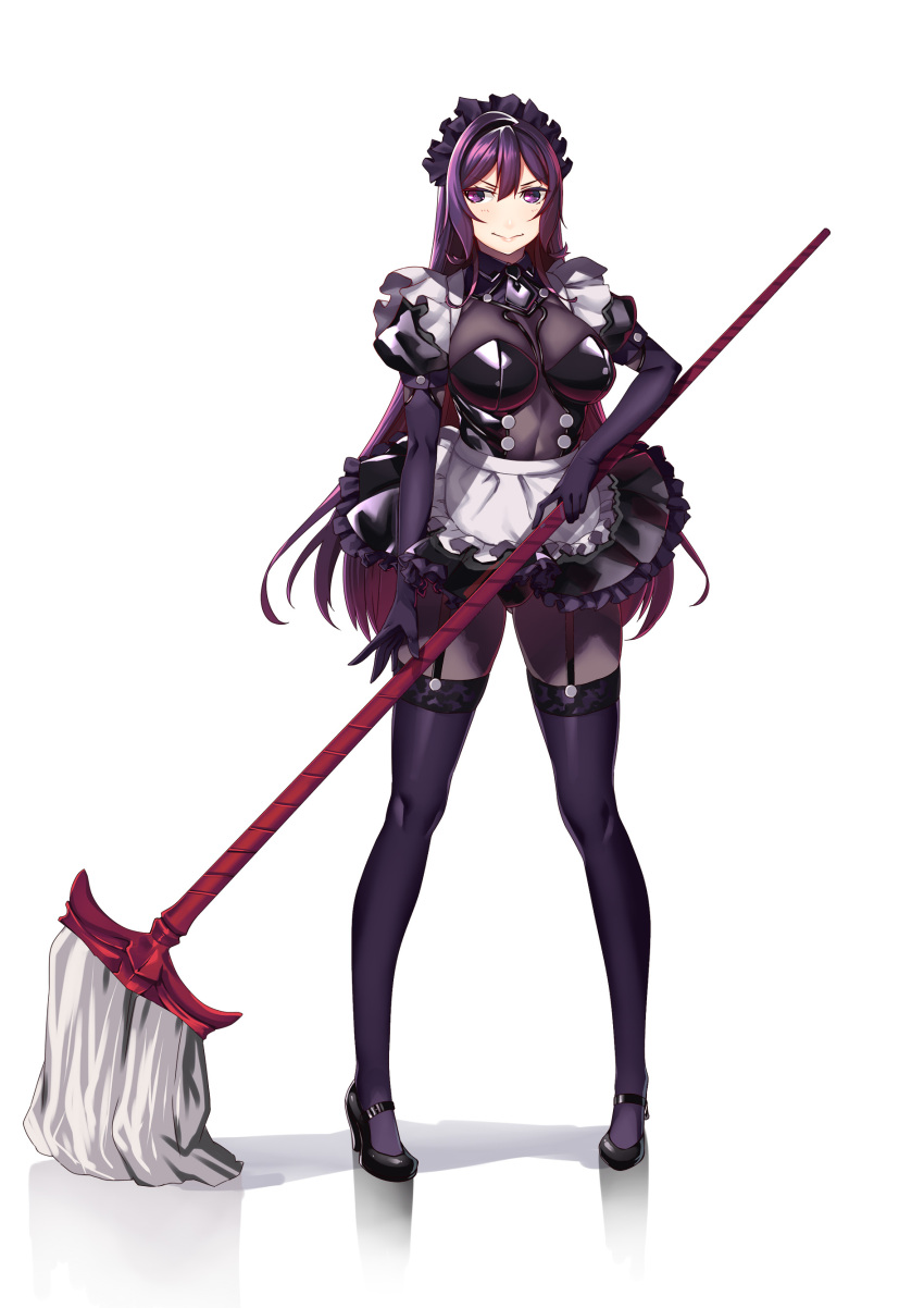 1girl absurdres alternate_costume apron blush bodysuit breasts commentary_request cosplay enmaided fate/grand_order fate_(series) frills gae_bolg garter_straps garters hiememiko high_heels highres large_breasts lips long_hair maid maid_apron maid_headdress mop scathach_(fate)_(all) scathach_(fate/grand_order) scathach_(fate/grand_order)_(cosplay) shadow solo thigh-highs violet_eyes white_background