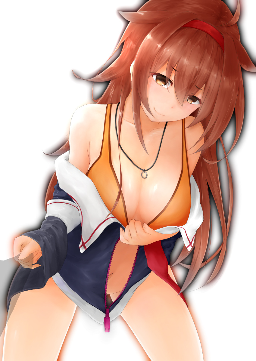 1girl absurdres ahoge bikini black_jacket blush breasts brown_eyes cleavage closed_mouth collarbone hair_flaps highres jacket jewelry kantai_collection large_breasts leaning_forward long_hair looking_at_viewer open_clothes open_jacket red_headband redhead remodel_(kantai_collection) ring ring_necklace shiratsuyu_(kantai_collection) simple_background smile solo swimsuit terebi- wedding_band white_background yellow_bikini zipper