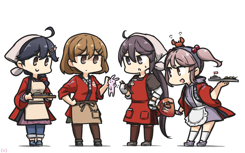 4girls :d ahoge akebono_(kantai_collection) alternate_costume animal black_hair brown_eyes brown_legwear chopsticks crab gloves hair_between_eyes hair_bobbles hair_ornament hairclip hamu_koutarou happi highres holding holding_chopsticks holding_tray japanese_clothes kantai_collection kneehighs light_brown_hair long_hair long_sleeves multiple_girls oboro_(kantai_collection) open_mouth pantyhose pink_eyes pink_hair purple_hair rabbit sazanami_(kantai_collection) short_hair short_sleeves side_ponytail simple_background smile standing tray twintails ushio_(kantai_collection) violet_eyes white_background white_gloves white_legwear