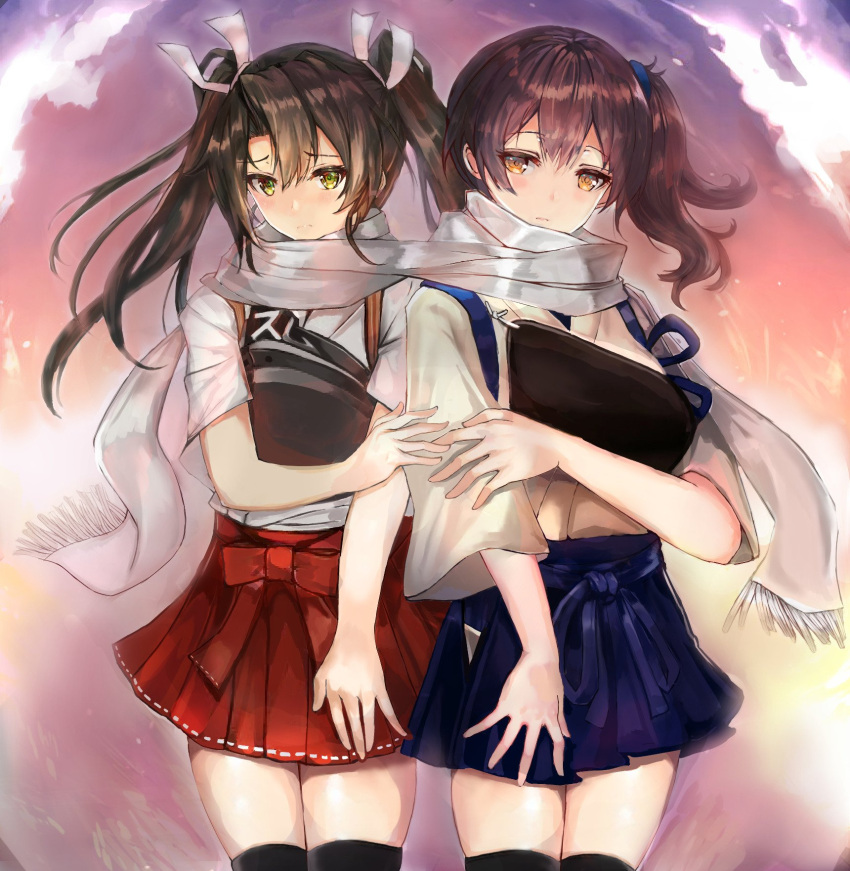 2girls blush brown_eyes brown_hair eriyama_(user_csua4255) hair_ribbon hakama_skirt highres japanese_clothes kaga_(kantai_collection) kantai_collection long_hair multiple_girls muneate ribbon scarf shared_scarf side_ponytail thigh-highs twintails white_ribbon yuri zuikaku_(kantai_collection)