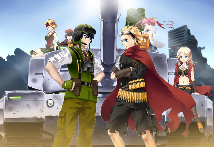 3boys 3girls artist_request black_hair blonde_hair blue_eyes breasts cape caterpillar_tracks ground_vehicle metal_max military military_vehicle motor_vehicle multiple_boys multiple_girls pink_eyes pink_hair redhead ruins sky smile sun tank