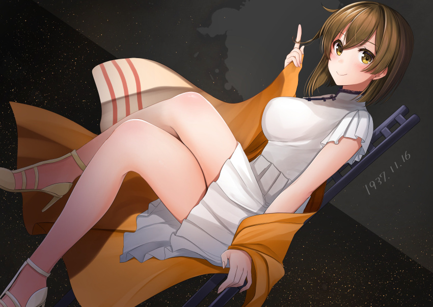1girl absurdres alternate_costume brown_hair chair china_dress chinese_clothes dated dress dutch_angle full_body highres hiryuu_(kantai_collection) index_finger_raised kantai_collection looking_at_viewer one_side_up open_toe_shoes orange_robe pleated_dress robe short_hair smile solo white_dress white_footwear yunamaro