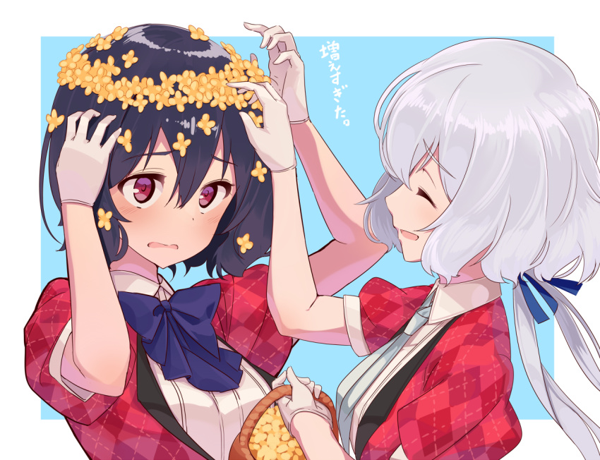 2girls basket blue_hair blush bow bowtie checkered closed_eyes commentary_request flower gloves hair_flower hair_ornament hair_ribbon happy konno_junko long_hair low_twintails mizuno_ai multiple_girls necktie open_mouth puffy_short_sleeves puffy_sleeves red_eyes ribbon short_hair short_sleeves silver_hair smile text_focus translated twintails yoshika_(music480069) zombieland_saga