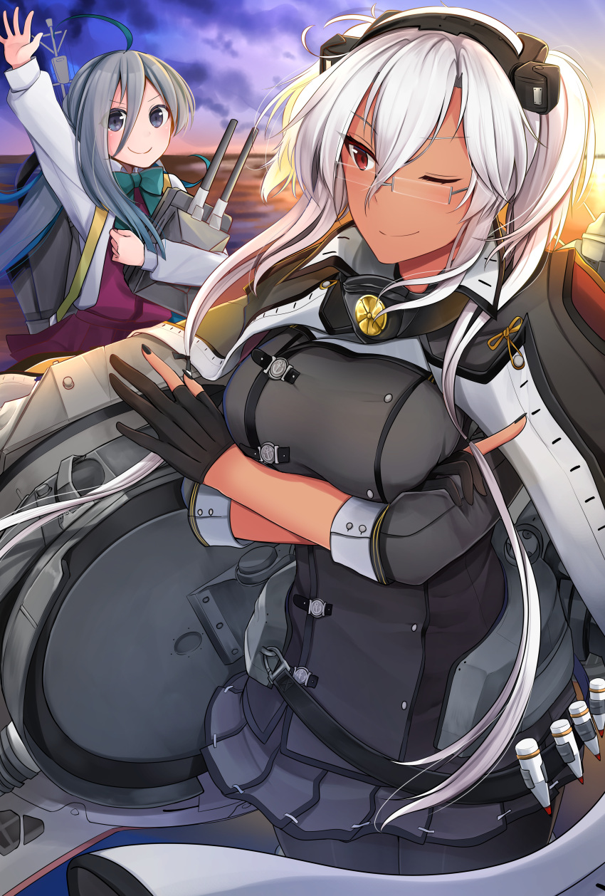 2girls absurdres ahoge arm_up black_gloves black_legwear black_nails blue_hair bow bowtie breasts cannon commentary_request dark_skin glasses gloves grey_eyes grey_hair hair_between_eyes highres jacket_on_shoulders kantai_collection kikumon kiyoshimo_(kantai_collection) large_breasts long_hair low_twintails machinery miniskirt multicolored_hair multiple_girls musashi_(kantai_collection) nail_polish ocean one_eye_closed pantyhose partly_fingerless_gloves red_eyes remodel_(kantai_collection) shirt short_hair_with_long_locks skirt sunset turret twintails type_91_armor-piercing_shell very_long_hair white_hair white_shirt yunamaro